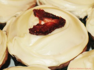 Dehydrated strawberry garnish.